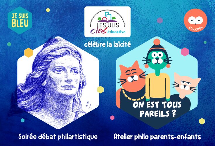 une illustration de Marianne et un visuel des chats Lili pour illustrer les 2 événements de la journée de la laïcité