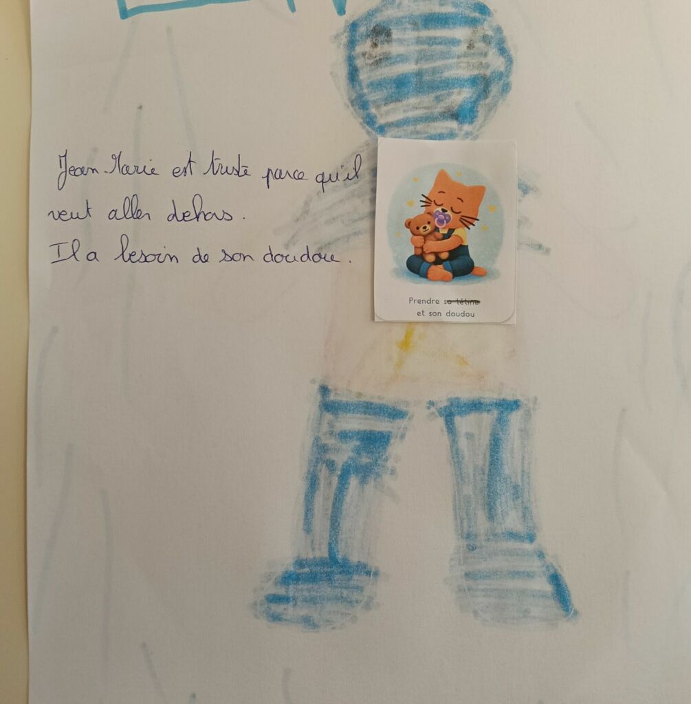 un bonhomme triste, une étiquette du besoin et une phrase dictée à l'adulte
